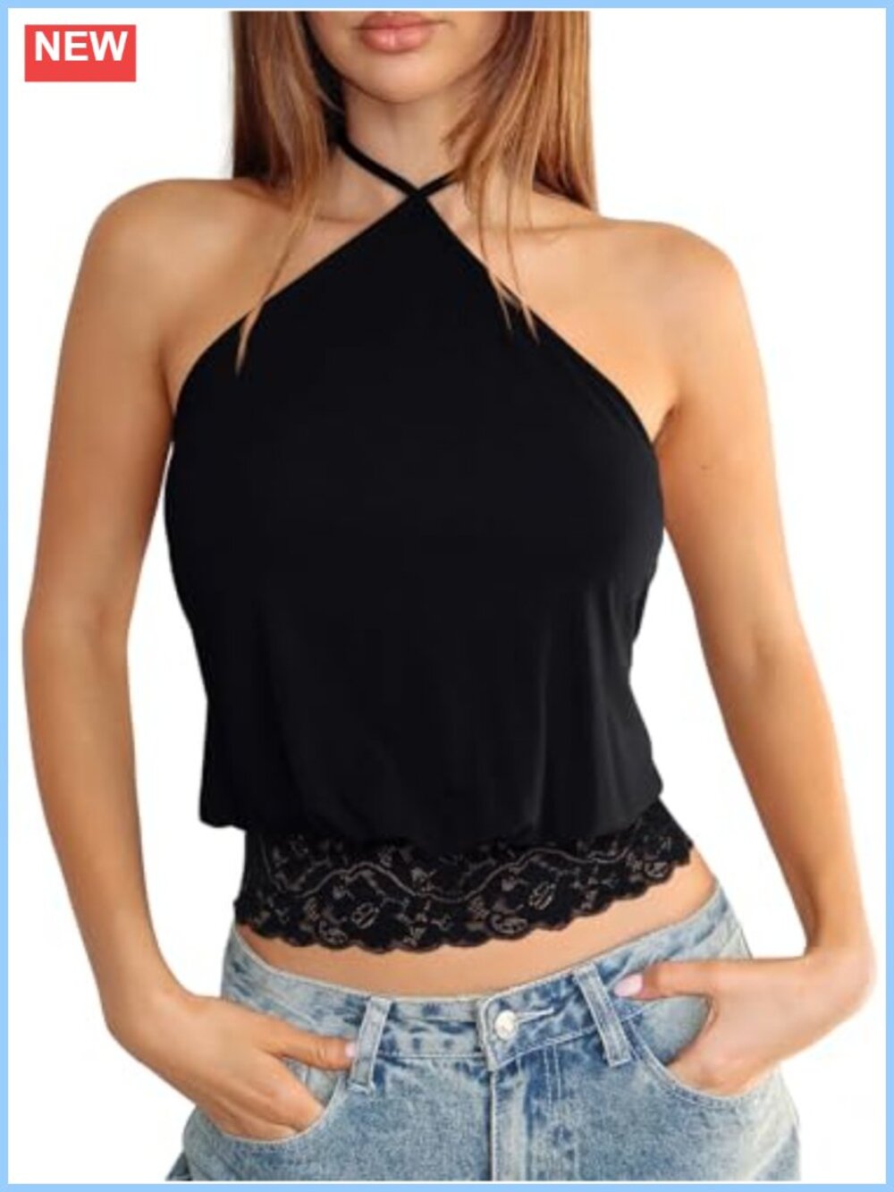 Womens Halter Lace Trim Backless Crop Tank Top Y2K Going Out Shirt